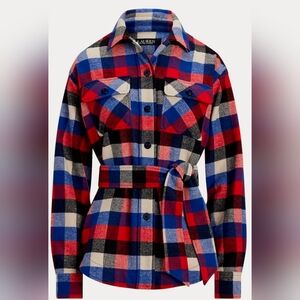 Lauren Ralph Lauren Buffalo Check Belted Twill Shirt Jacket Wool Blend Size XL